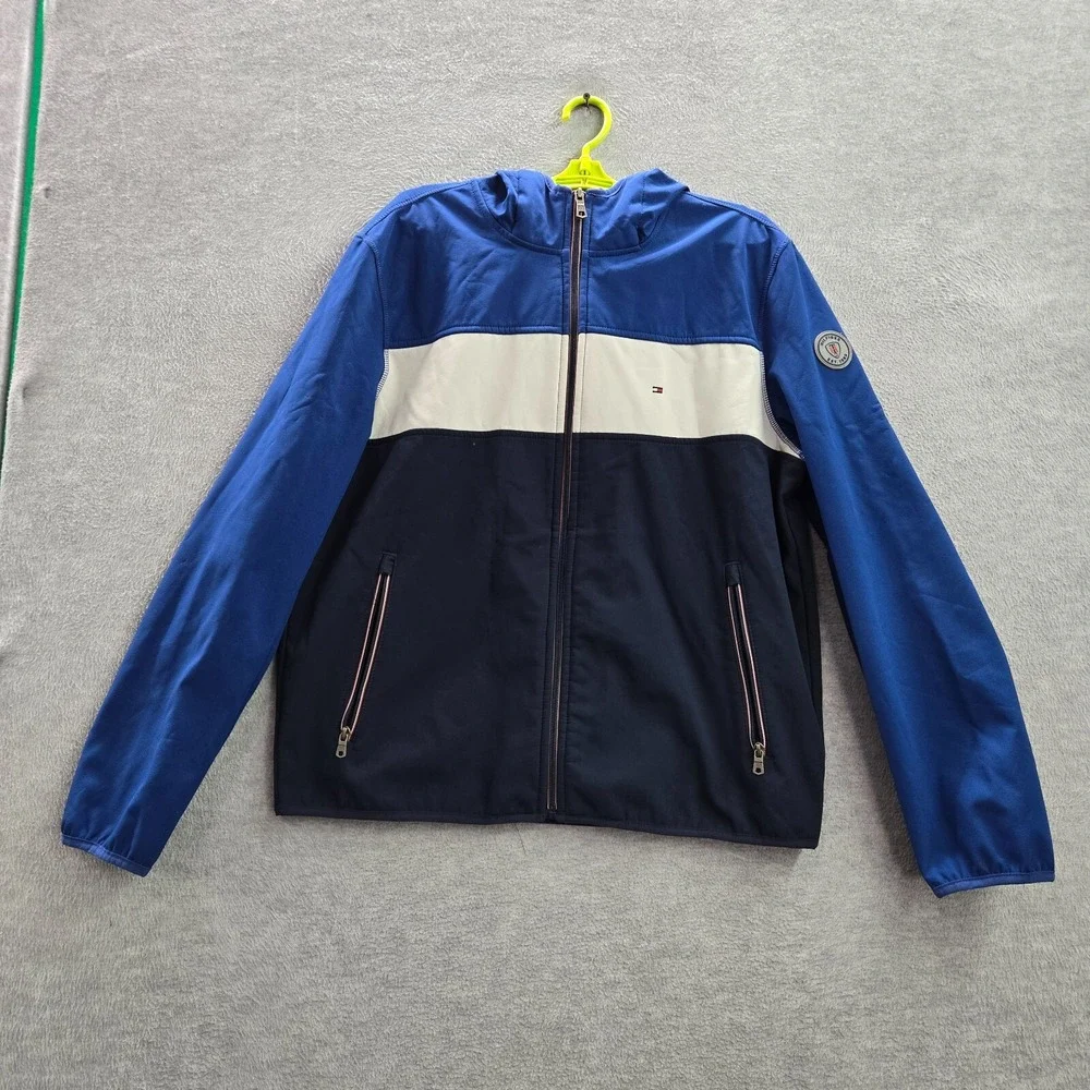Tommy Hilfiger Men Jacket Large Blue Colorblock Fleece Lined‎ Hooded Full Zip